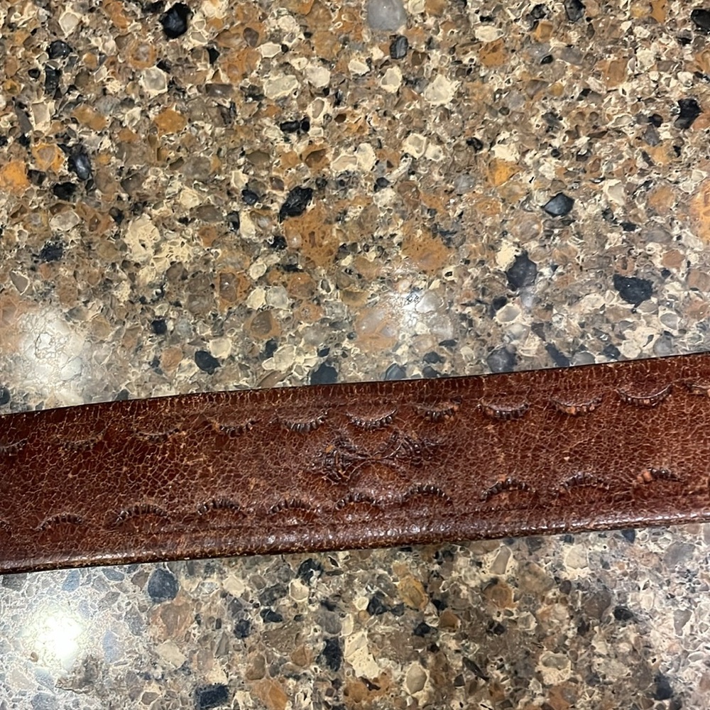 Vintage Art Deco Brass Buckle Brown Scrolled Leather Belt XL - Picture 5 of 14